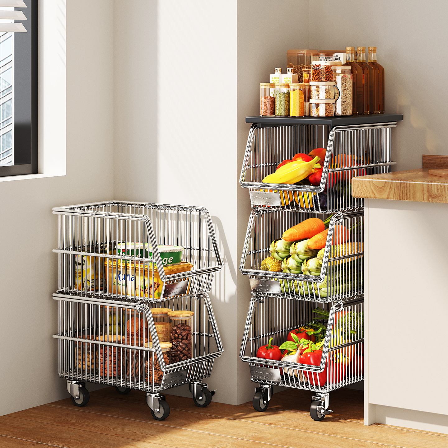 中古夹缝带轮置物架不锈钢蔬菜分层移动橱柜内储物架子锅具收纳架,收纳整理,收纳柜,淘宝优惠券,粉丝福利购,淘宝优惠卷