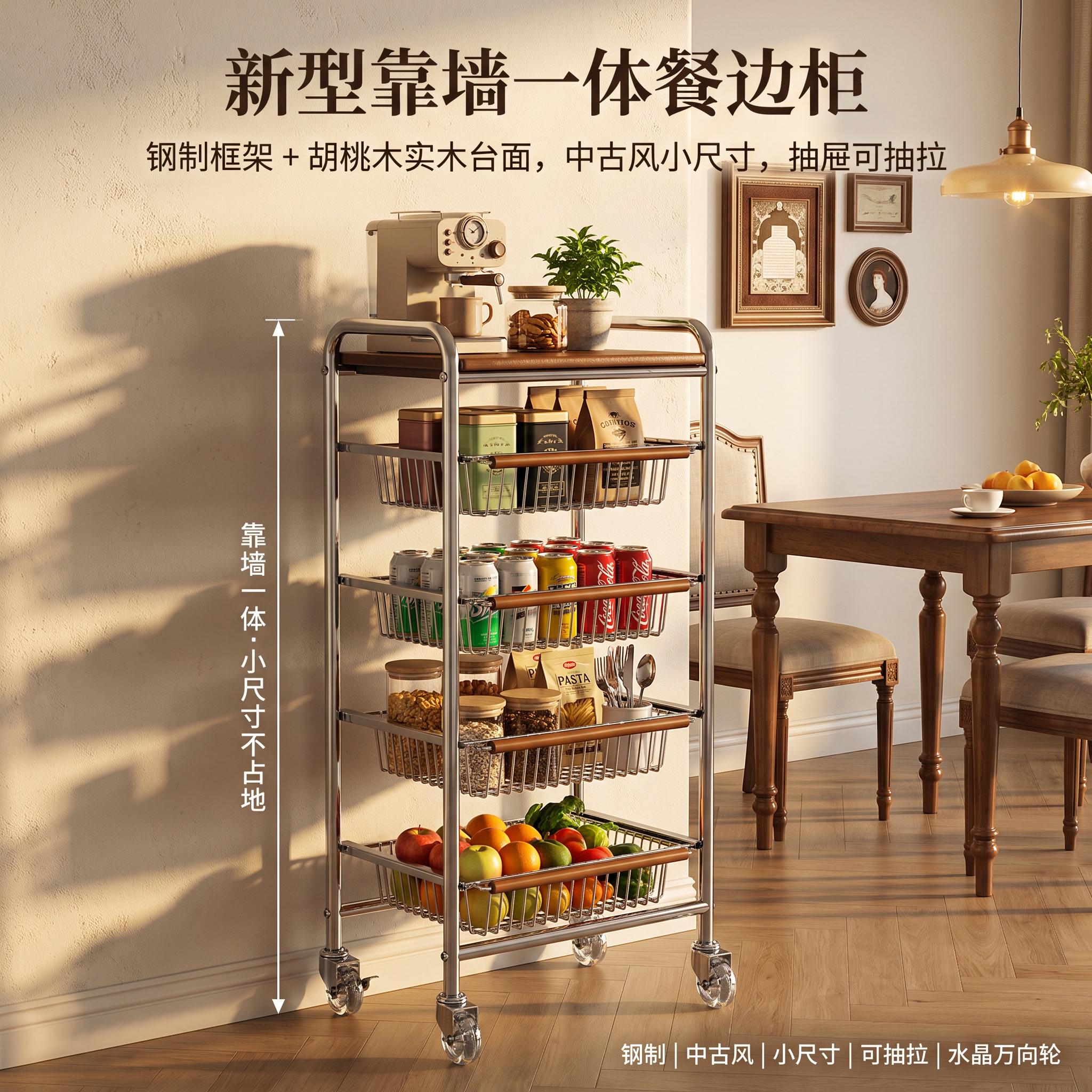 中古风餐边柜加厚金属橡胶实木落地万向轮置物架小推车靠墙一体
