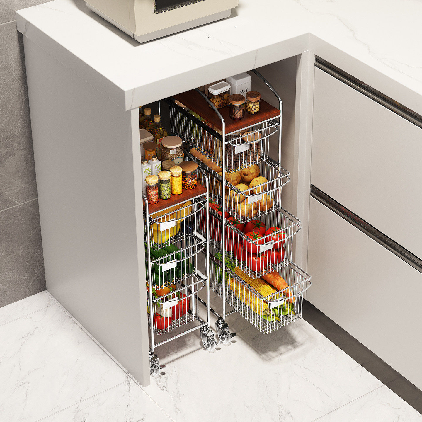 橱柜转角拉篮抽屉式拐角小推车多层厨房调料置物架落地蔬菜收纳筐,厨房/烹饪用具,厨房置物架/置物柜/角架,淘宝优惠券,粉丝福利购,淘宝优惠卷