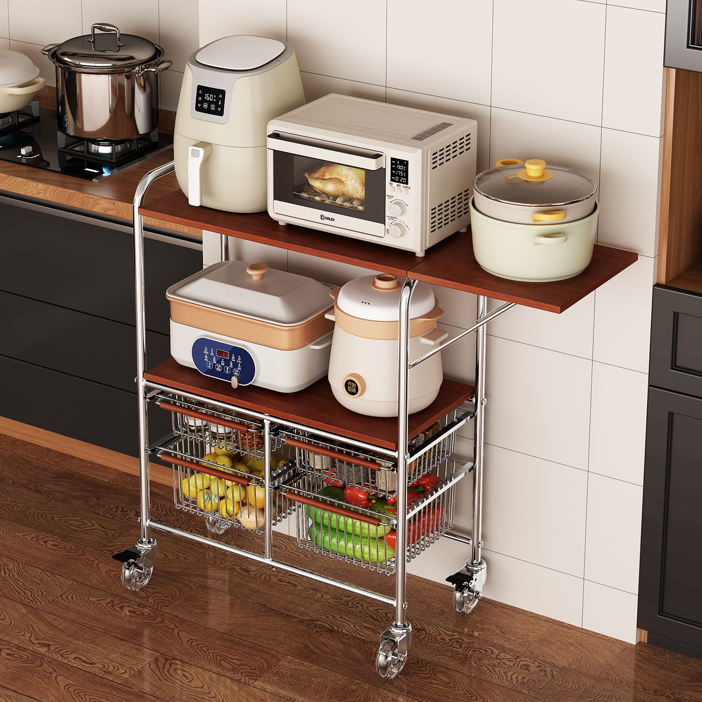 微波炉置物架落地厨房餐边收纳柜橱柜一体可抽拉落地移动果蔬菜篮,厨房/烹饪用具,微波炉置物架,淘宝优惠券,粉丝福利购,淘宝优惠卷