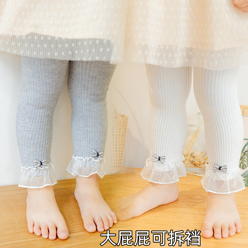 婴儿女宝宝打底裤春秋薄款可开裆大PP女童连裤袜纯棉九分裤子外穿
