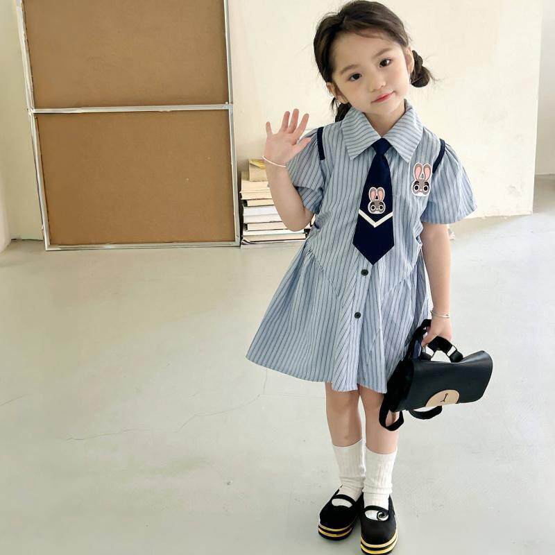 女童连衣裙2026新款夏季中大童POLO领JK裙学院风兔子条纹衬衫裙夏
