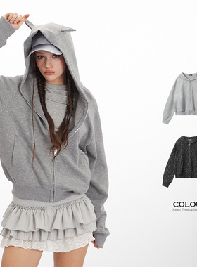 HeyHenry 2025春秋季星星印花设计感开衫连帽短款卫衣女宽松外套