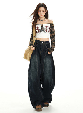 美式刺绣弯刀牛仔裤女秋季新款设计感高腰宽松显瘦垂感拖地阔腿裤