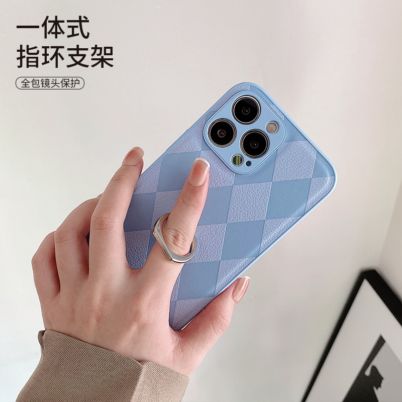 适用苹果自带指环格纹防摔保护套