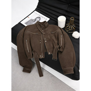 美拉德复古咖色工装风短款外套女2026年春季新款宽松机车夹克上衣