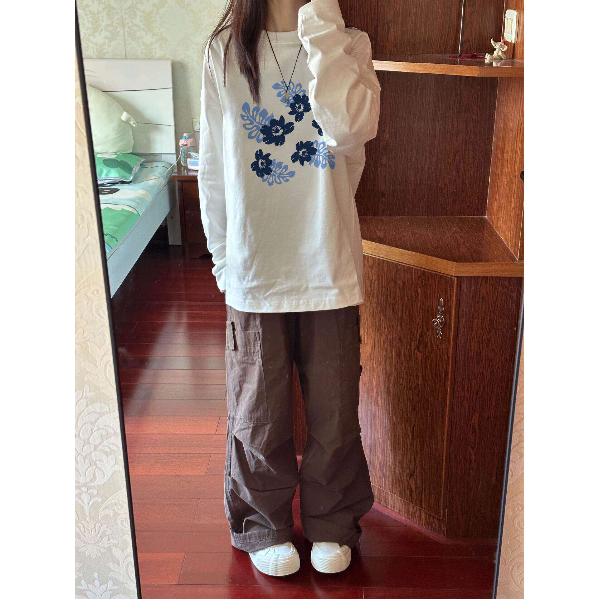 100%纯棉美式高街正肩白色长袖t恤女2026新款春季潮牌慵懒风上衣