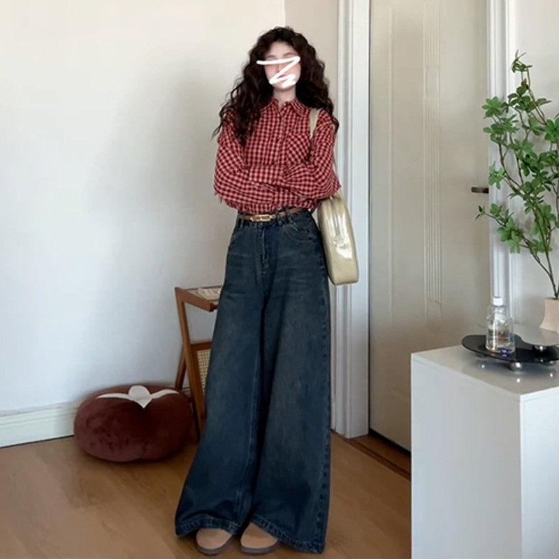 港风覆古红色格子长袖衬衫上衣女2025新款夏季慵懒风衬衫外套薄款