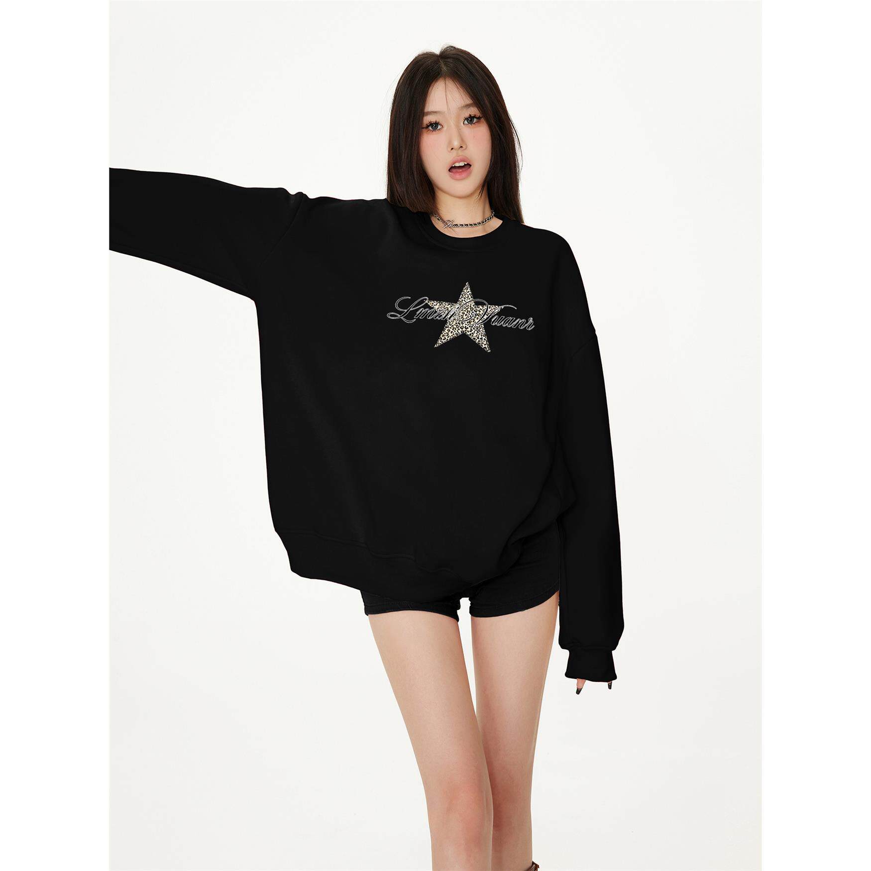 美式黑色圆领无帽卫衣女秋季宽松韩系慵懒风外套小个子上衣