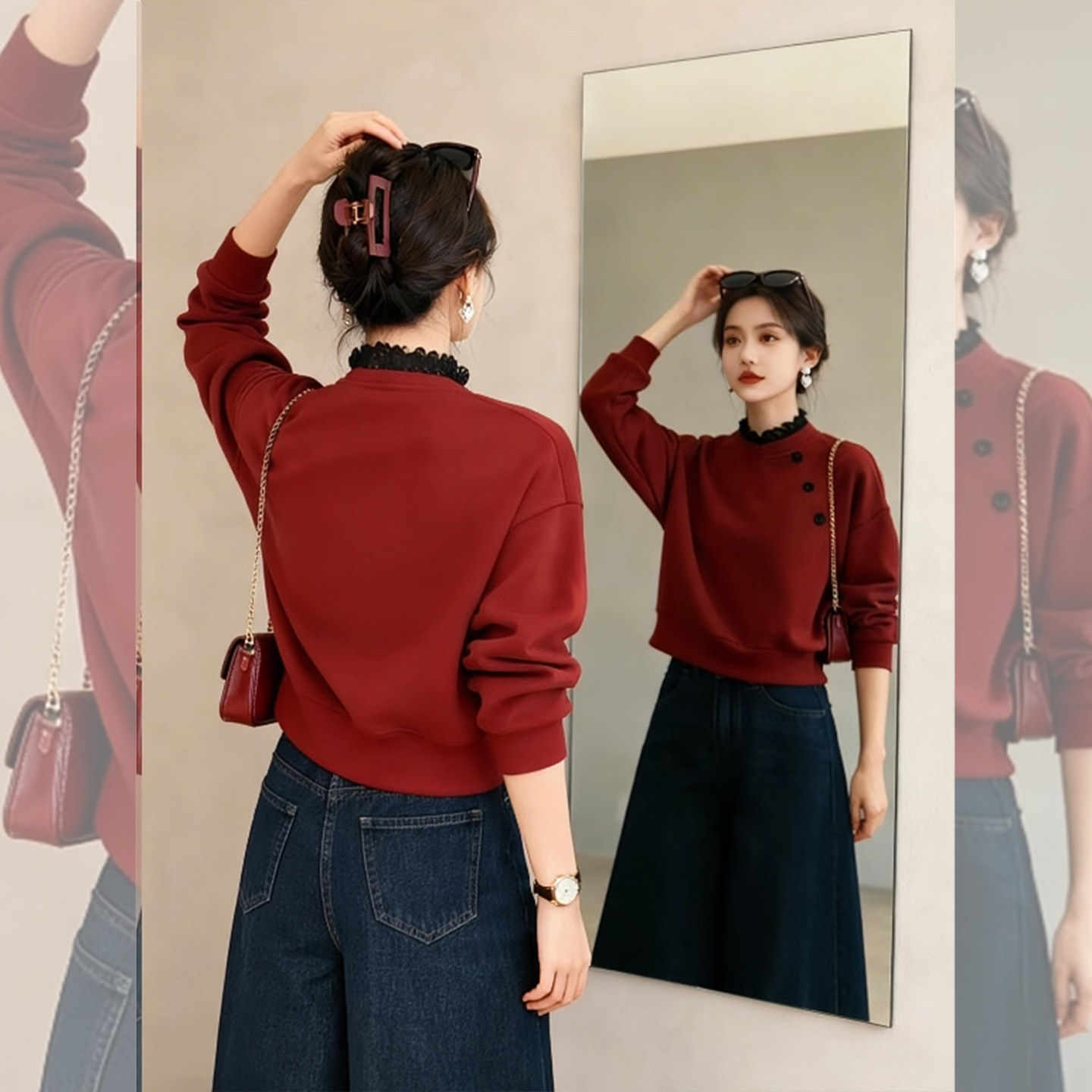 甜美花边~红色木耳领加绒卫衣女款2026新款新年喜庆宽松显瘦上衣