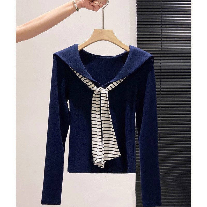 大码胖mm藏青色长袖T恤女春秋季新款条纹领带拼接体恤显瘦上衣服