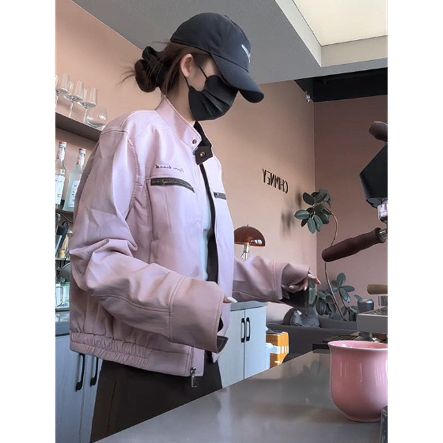 美式复古粉色pu皮开衫外套女春秋季宽松慵懒气质松弛感休闲夹克潮