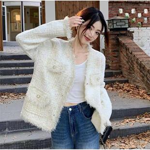 小香风外套女春秋新款气质仿水貂绒流苏洋气针织开衫V领韩系上衣