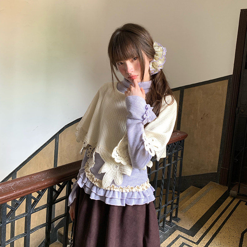 原创温柔重工勾花斗篷打底衫秋季小众慵懒设计感别致套装女