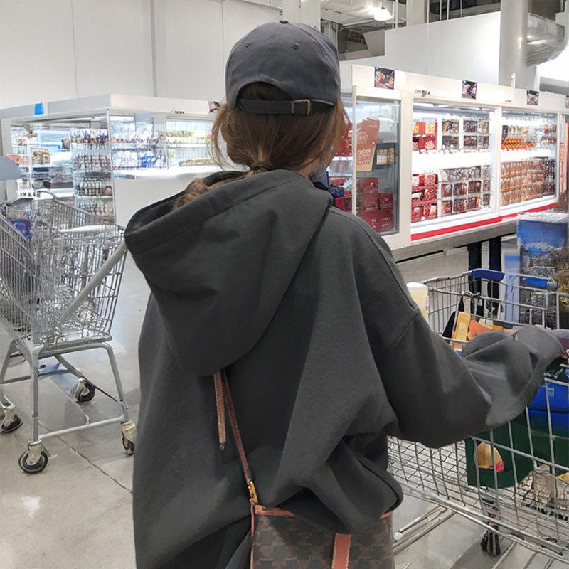 深灰色连帽拉炼卫衣女春秋薄款2025新款宽松开衫外套秋冬长袖上衣