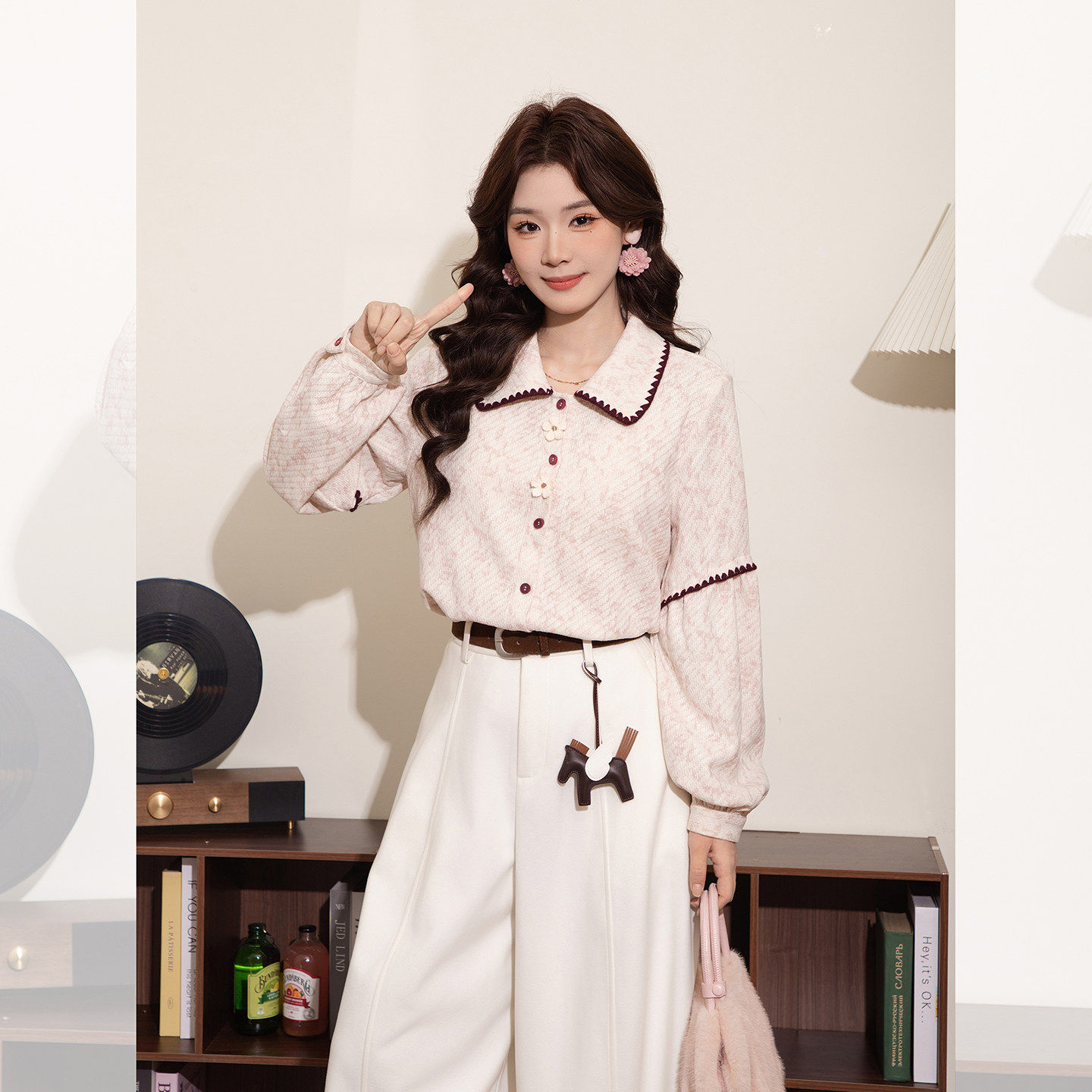 DaYuanSAD婉儿复古穿搭 粉色拼接衬衫女装秋冬季长袖衬衫气质上衣