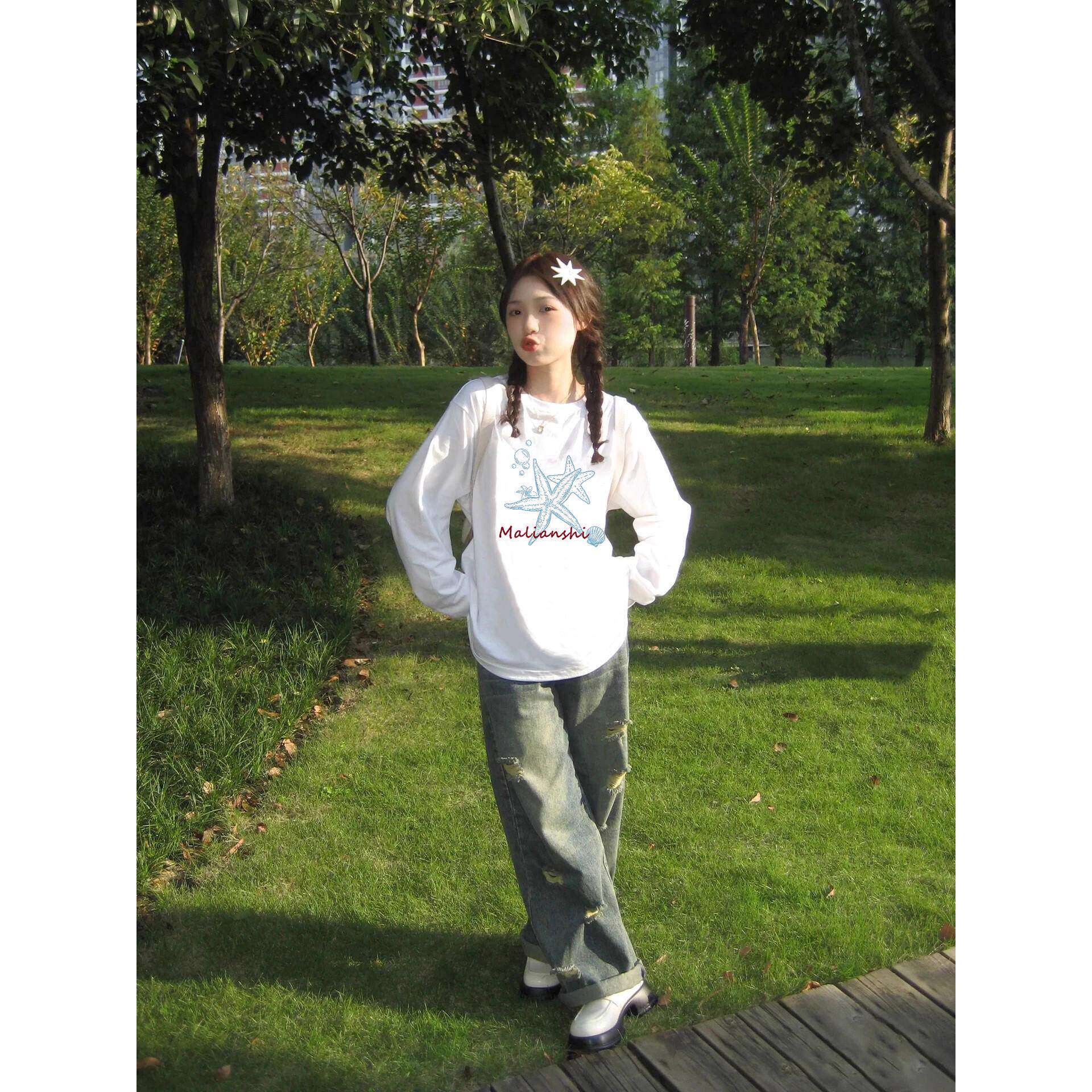 100%纯棉美式复古正肩白色长袖t恤女2026新款春季薄款慵懒上衣潮