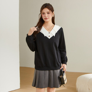 采多宝大尺码女装胖mm梨形身材显瘦穿搭秋冬款洋派拼接套头V领卫