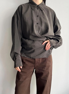 现货】LEM风格25SS干丝直领交叉细节斜扣桑蚕丝混纺男女同款衬衣