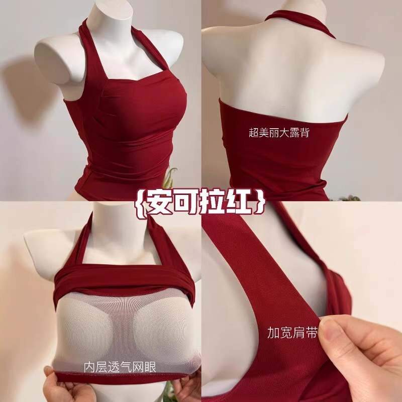 绝美露背瑜伽服！巨百搭的红色美背~挂脖吊带背心夏季薄款带胸垫