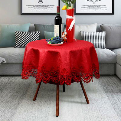 红色提花喜庆桌布圆桌桌布茶几冰箱餐桌布蕾丝结婚庆蕾丝花边盖布