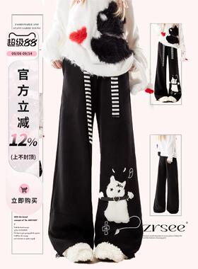 自然涩黑色休闲卫裤女2025春秋新款穿搭抽绳直筒宽松阔腿裤子冬季