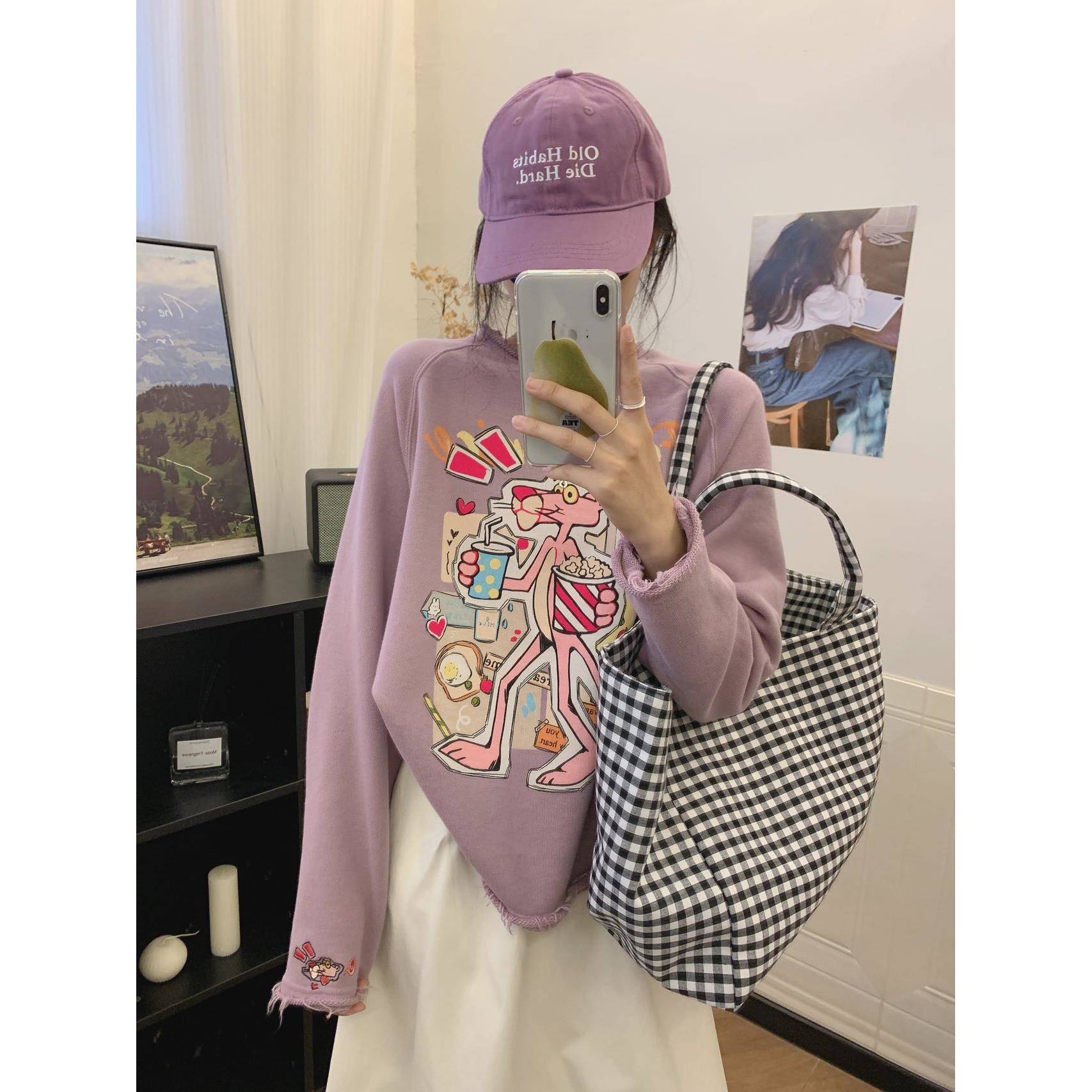 冬季金喜纸袋家350纯棉毛圈「洋气卷边粉豹」无感水印卫衣女2575