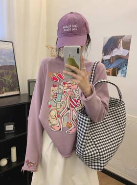 冬季金喜纸袋家350纯棉毛圈「洋气卷边粉豹」无感水印卫衣女2575