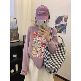 冬季 金喜纸袋家350纯棉毛圈「洋气卷边粉豹」无感水印卫衣女2575