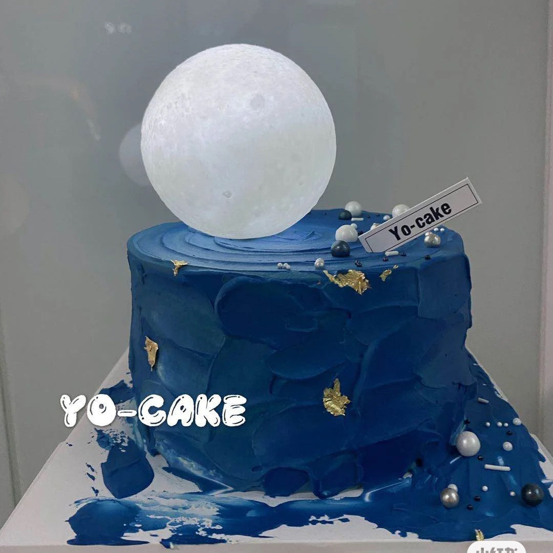蓝色星空发光月球月亮灯蛋糕装饰唯美女生男生月球灯蛋糕摆件