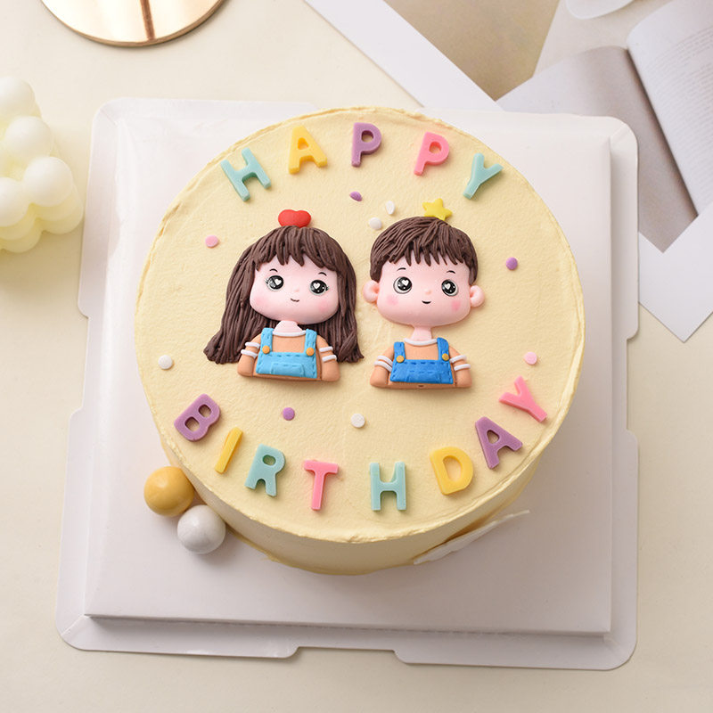 情侣生日蛋糕装饰摆件网红儿童背带男生女孩软陶插卡烘焙配件