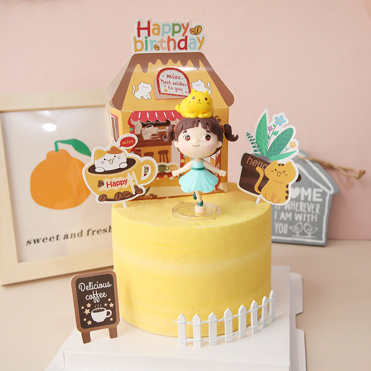 小清新猫咪女孩咖啡屋田园房子烘焙蛋糕插件可爱女生生日蛋糕摆件