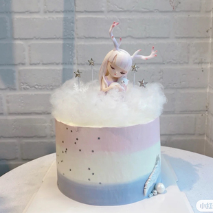 幽静之鹿女孩云朵星空蛋糕装饰摆件唯美棉花女神女生生日蛋糕装饰