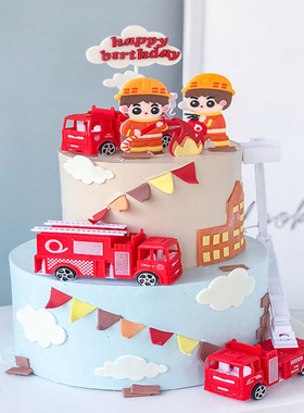 消防员救火队员消防汽车吊车蛋糕装饰摆件男孩儿童宝宝烘焙插件