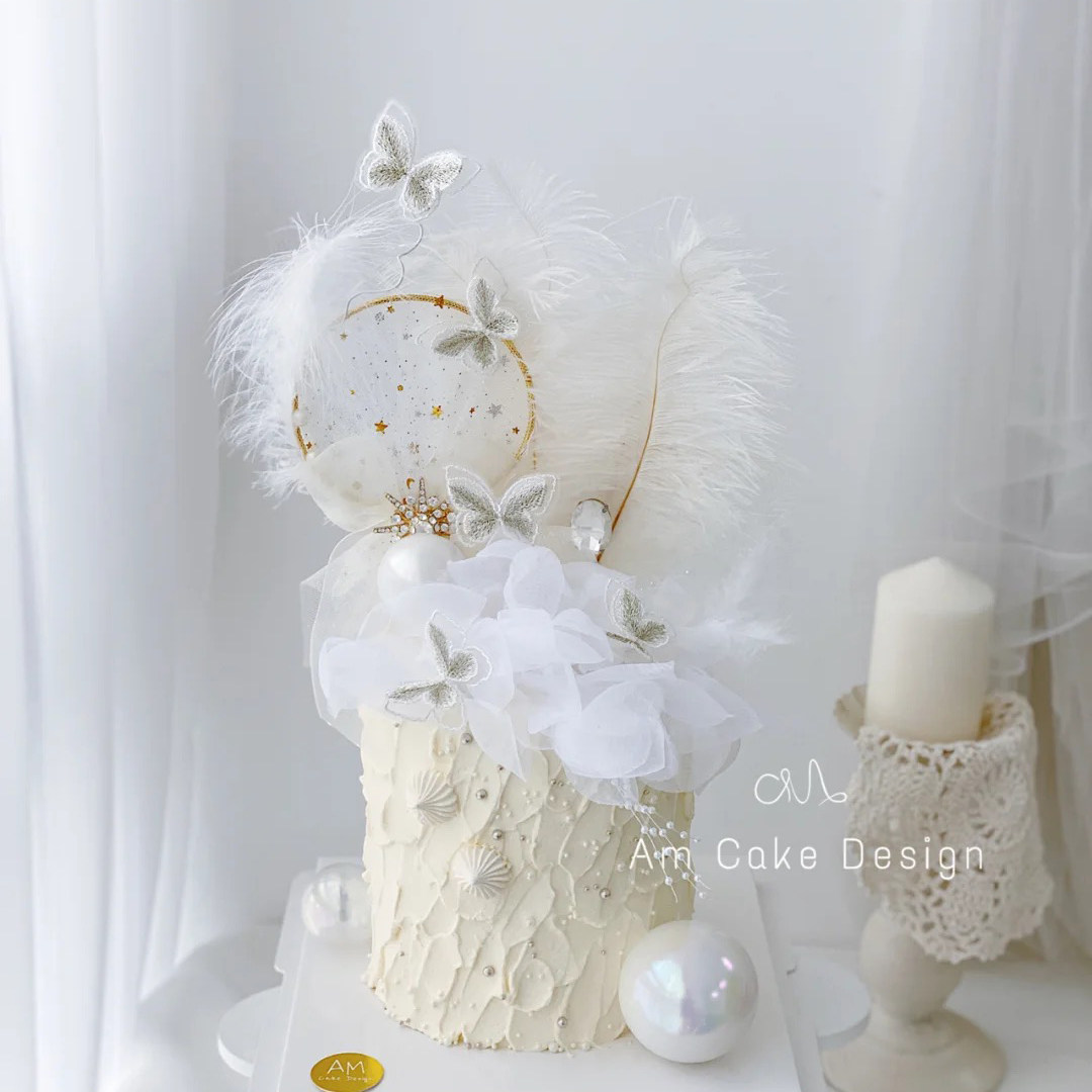 梦幻小仙女女生蝴蝶羽毛网纱圈烘焙甜品蛋糕鸵鸟毛女神生日装饰品