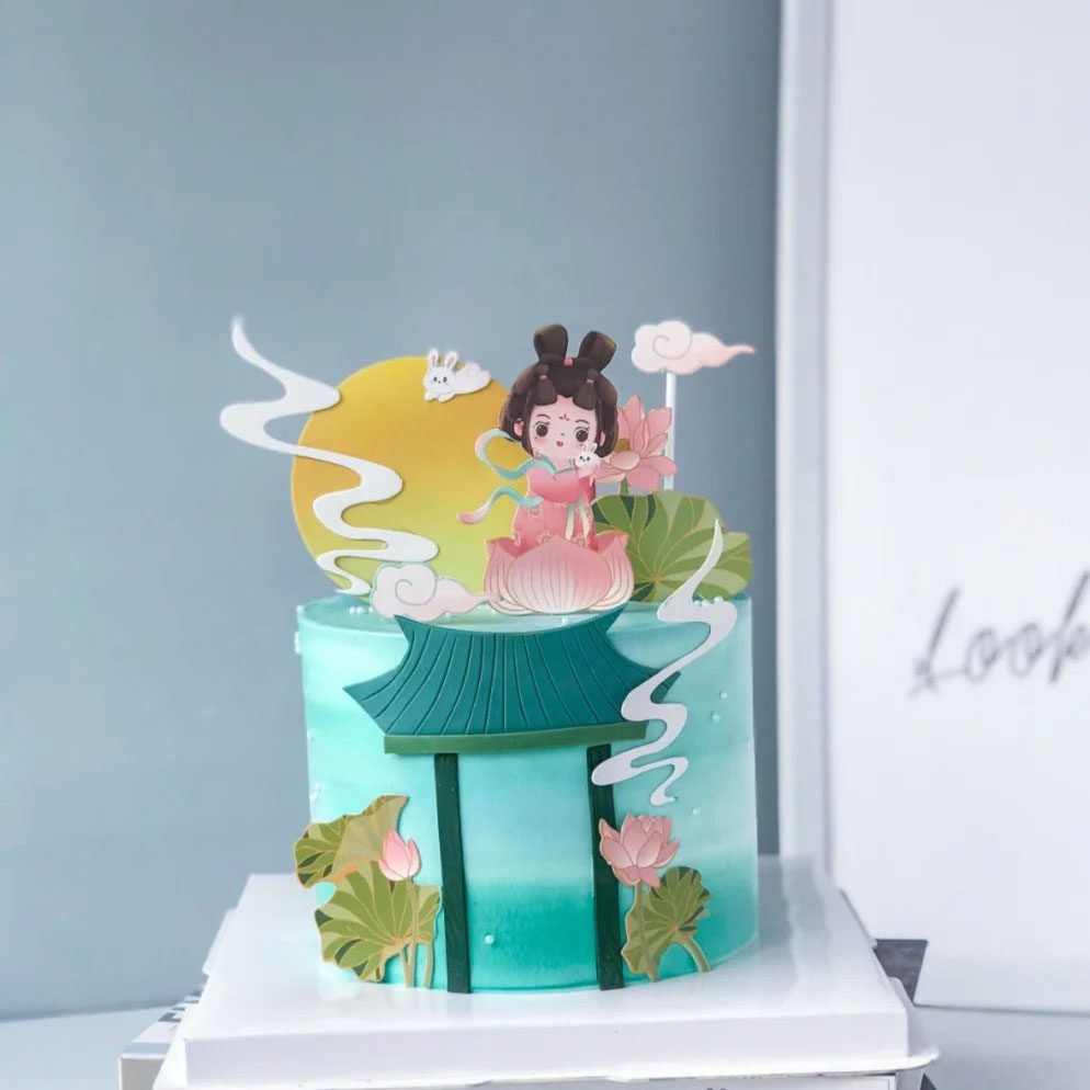 中秋中国风月亮玉兔小仙女莲花荷叶蛋糕装饰摆件月饼房屋烘焙插件