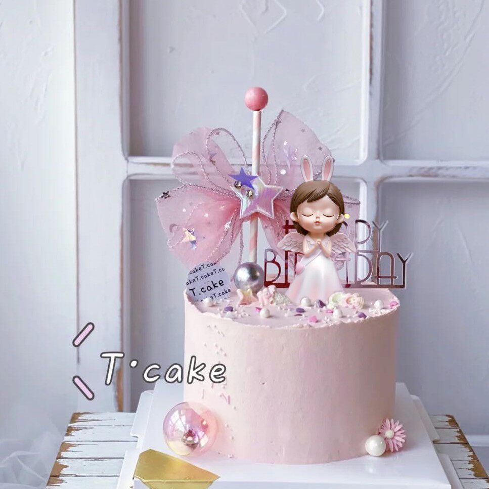 兔子天使许愿翅膀爱心背包小女孩生日蛋糕摆件女生梦幻烘焙装饰