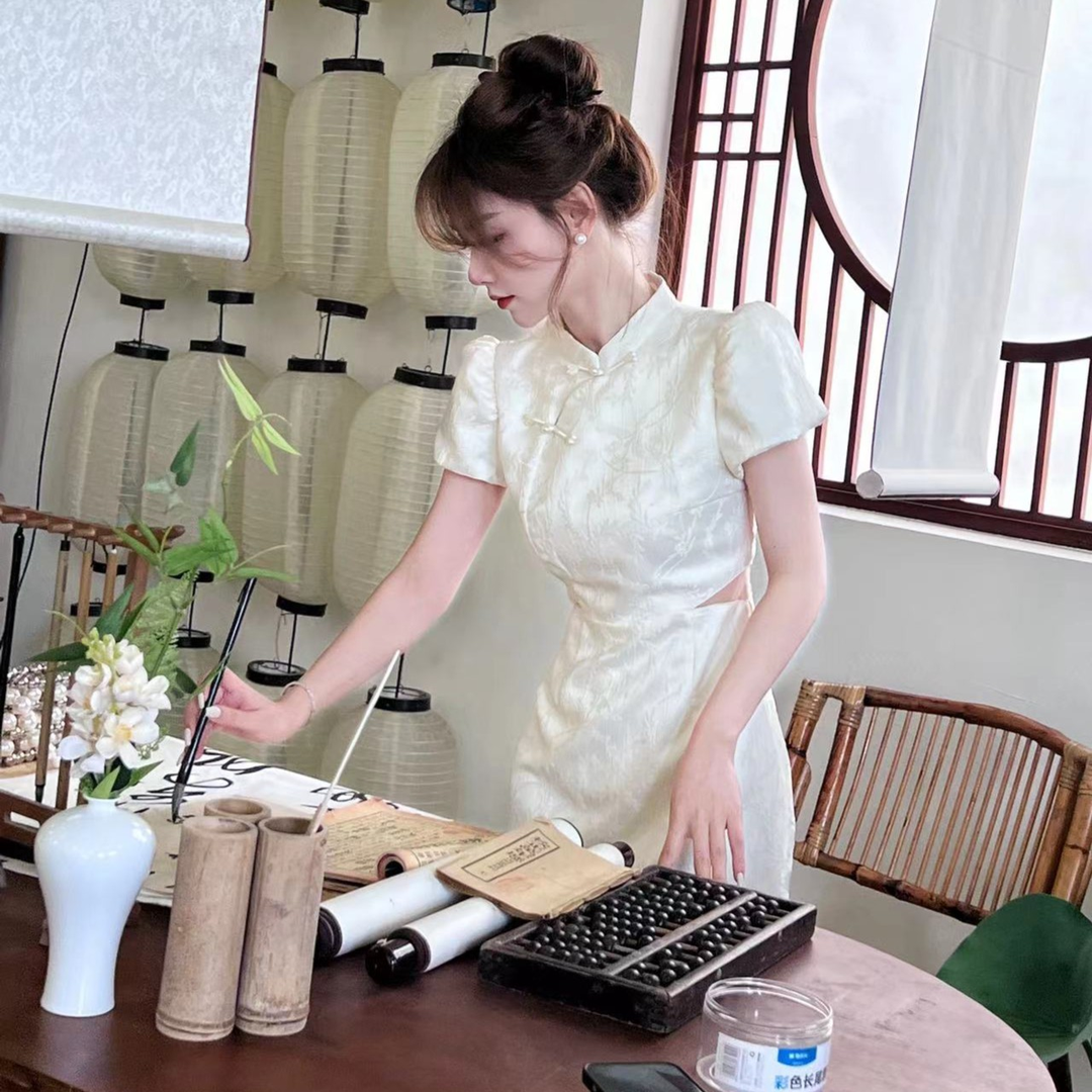 卡卡女装官方旗舰正品《书香墨色》绣线暗纹旗袍裙显瘦国风连衣裙