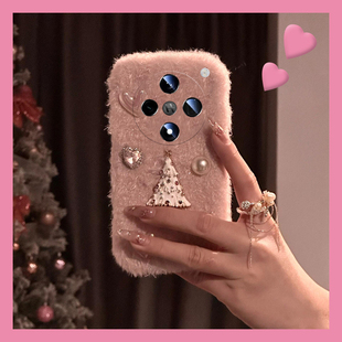 小香风圣诞树适用oppofindx8手机壳真我x50pro粉色k12x立体x7暖手realme日韩findx6pro毛绒绒ultra硅胶x5