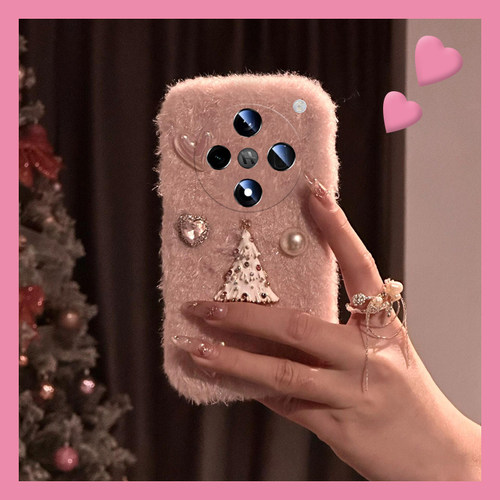 小香风圣诞树适用oppofindx8手机壳真我x50pro粉色k12x立体x7暖手realme日韩findx6pro毛绒绒ultra硅胶x5/x3