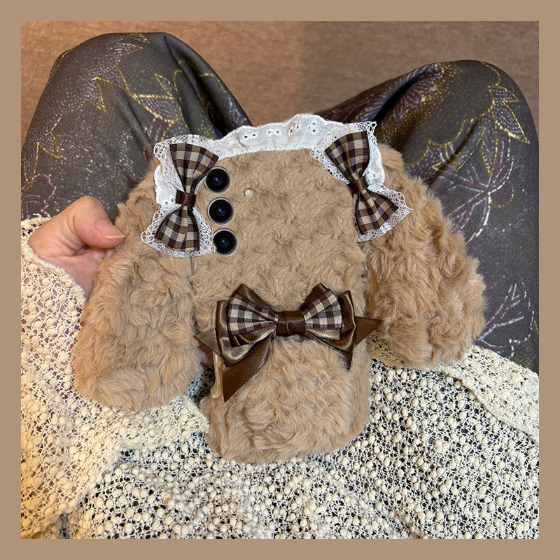 蕾丝格子蝴蝶结苹果适用三星s25edge手机壳s24plus立体s23+十s22耳朵s21fe秋冬s20ultra毛绒s10/s9/s8/note20