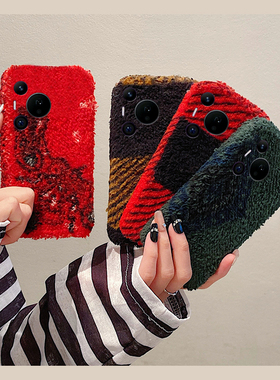 ins风红色格子适用华为pura80pro+手机壳pura70ultra撞色p60art拼色p40por+十p30秋冬季p20绒布p10plus毛绒软