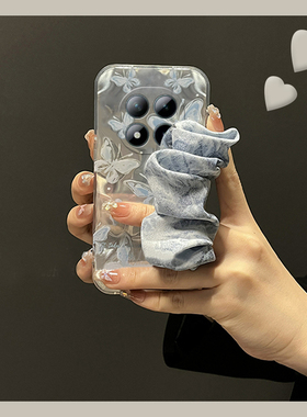 蓝色蝴蝶丝巾适用小米红米note15手机壳note15pro+腕带十斜挎por可背十五redmi夏天立体斜跨夏日新款透明硅胶