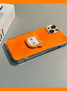 橙色可爱kt猫适用苹果17promax手机壳iphone16e立体15plus支架14凯蒂猫13por简约12卡通11牛仔纹皮绳新款硅胶