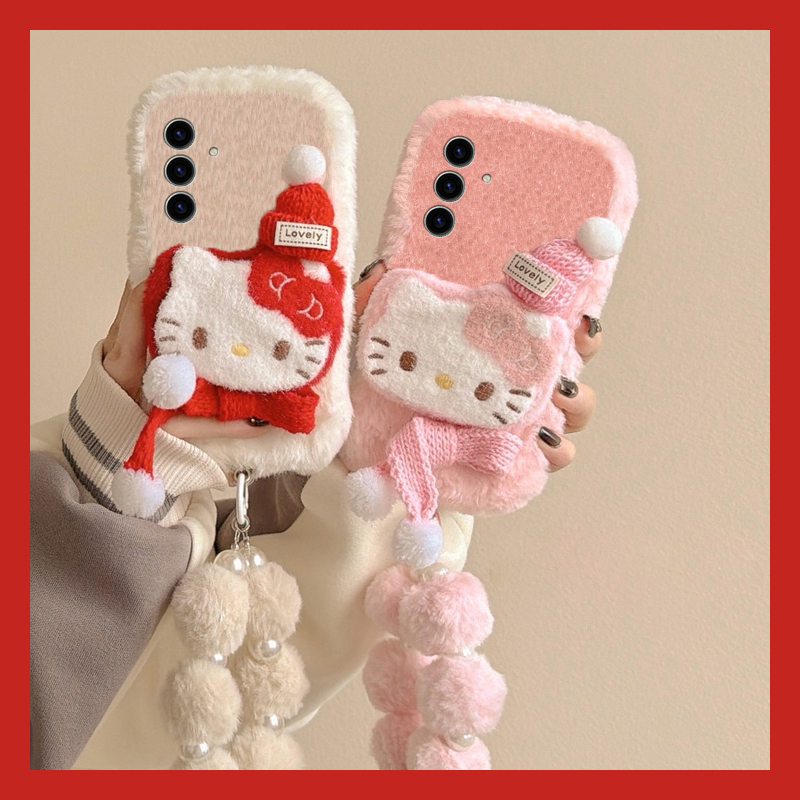 圣诞帽子kt猫适用三星s25edge手机壳s24plus毛球s23+十s22挂链s21fe秋冬季s20ultra毛绒s10/s9/s8/note20卡通