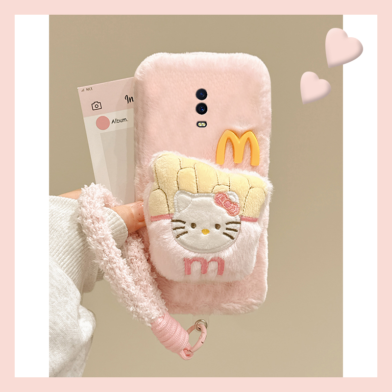 粉色薯条kt猫适用oppor17pro手机壳r15x梦境版r11splus尼龙绳r9s立体r7plus秋冬季r17毛绒oppo毛茸茸0pp0卡通