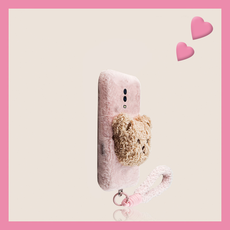 棕色呆萌小熊适用oppor17pro手机壳r15x梦境版r11splus尼龙绳r9s立体r7plus秋冬季r17毛绒oppo毛茸茸0pp0卡通