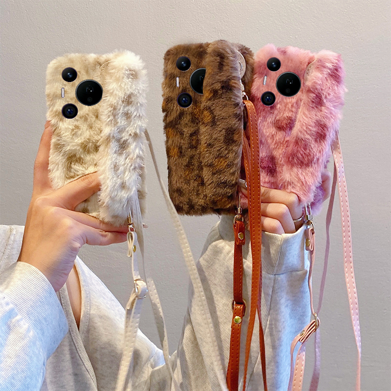 ins风豹纹腕带适用华为pura80pro+手机壳pura70ultra斜挎p60art可背40por+十p30秋冬季p20毛绒p10plus挂绳软p