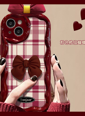 红色蝴蝶结格纹适用oppo真我gt5手机壳gtneo5se日韩gt3gt2pro少女心gtneo新年q3s波浪纹v15硅胶v11小众realme