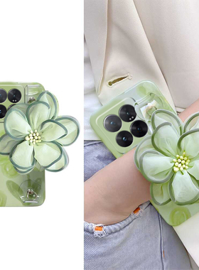 绿色花朵适用小米14pro手机壳13ultra腕带12s立体12x斜挎11青春版10s至尊纪念版cc9硅胶8se小清新civi3女mix4